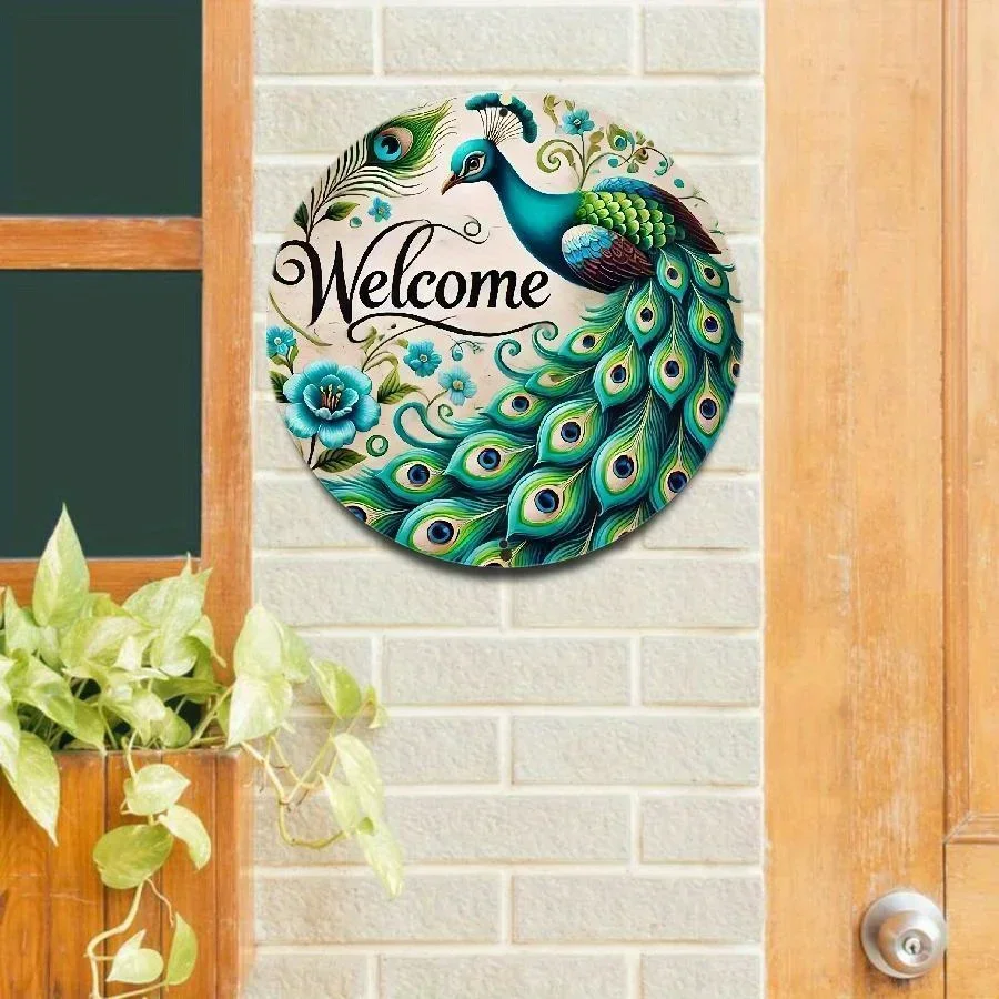 2D Flat - 1pc 2D Flat, Peacock Welcome Sign - 8x8 Inch Durable Aluminum Wall Art with Vibrant Blue and Green Feather Design, Eas