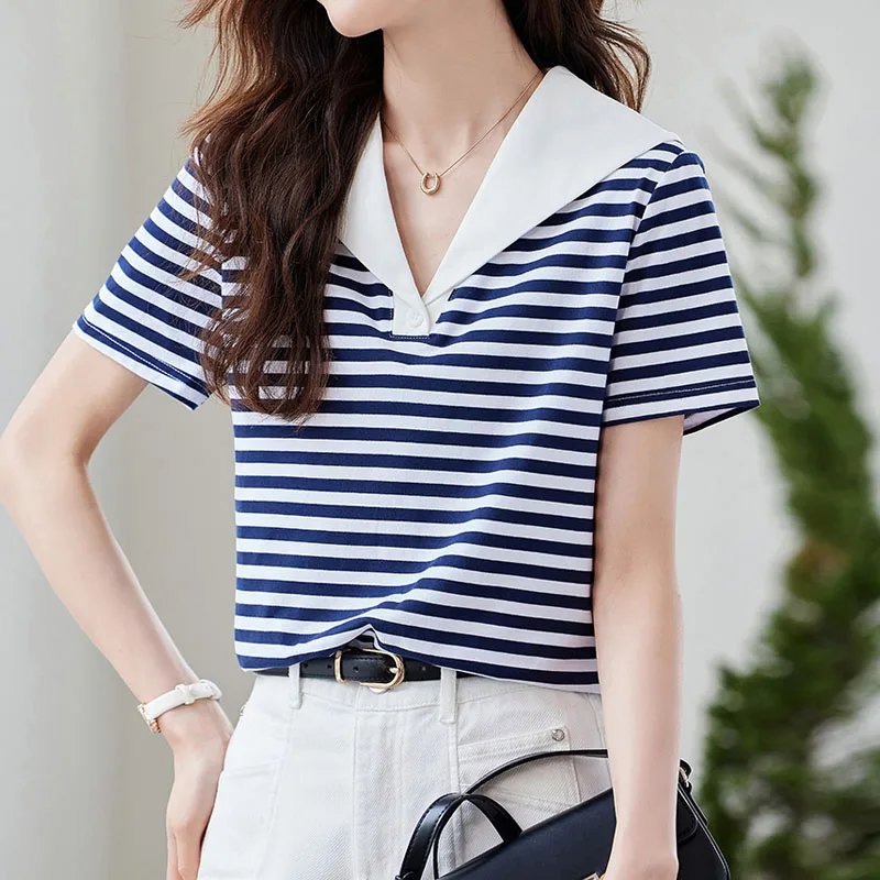 موضة الصيف قصيرة الأكمام بحار طوق المرأة تي شيرت تي شيرت مخطط المرأة بلايز Camisetas ملابس النساء الملابس التي شيرت XL307