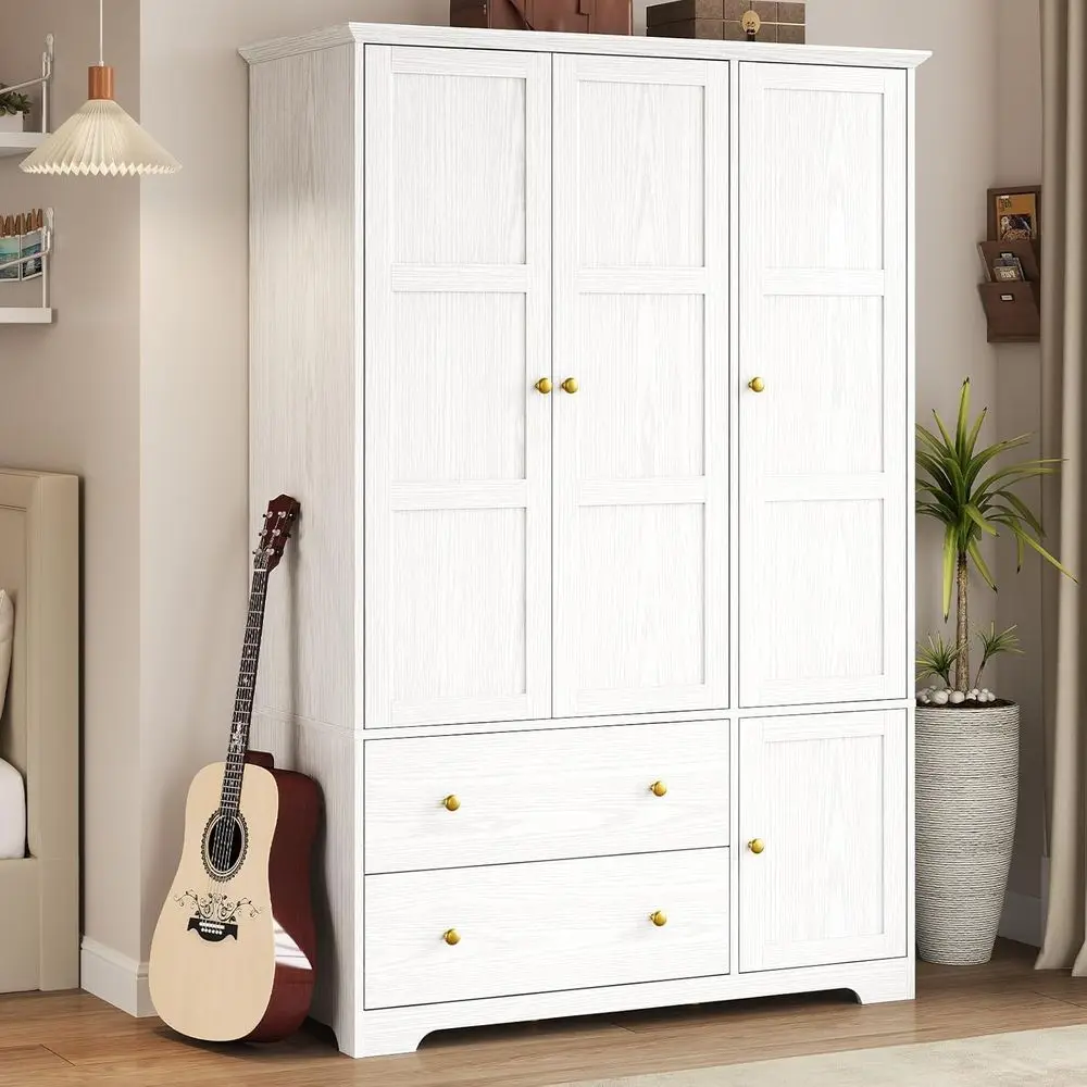 

Large White Wooden Wardrobe Closet with Pull-Out Pants Rack, Bedroom Storage Cabinet for Clothes, Drawers, and Shelves