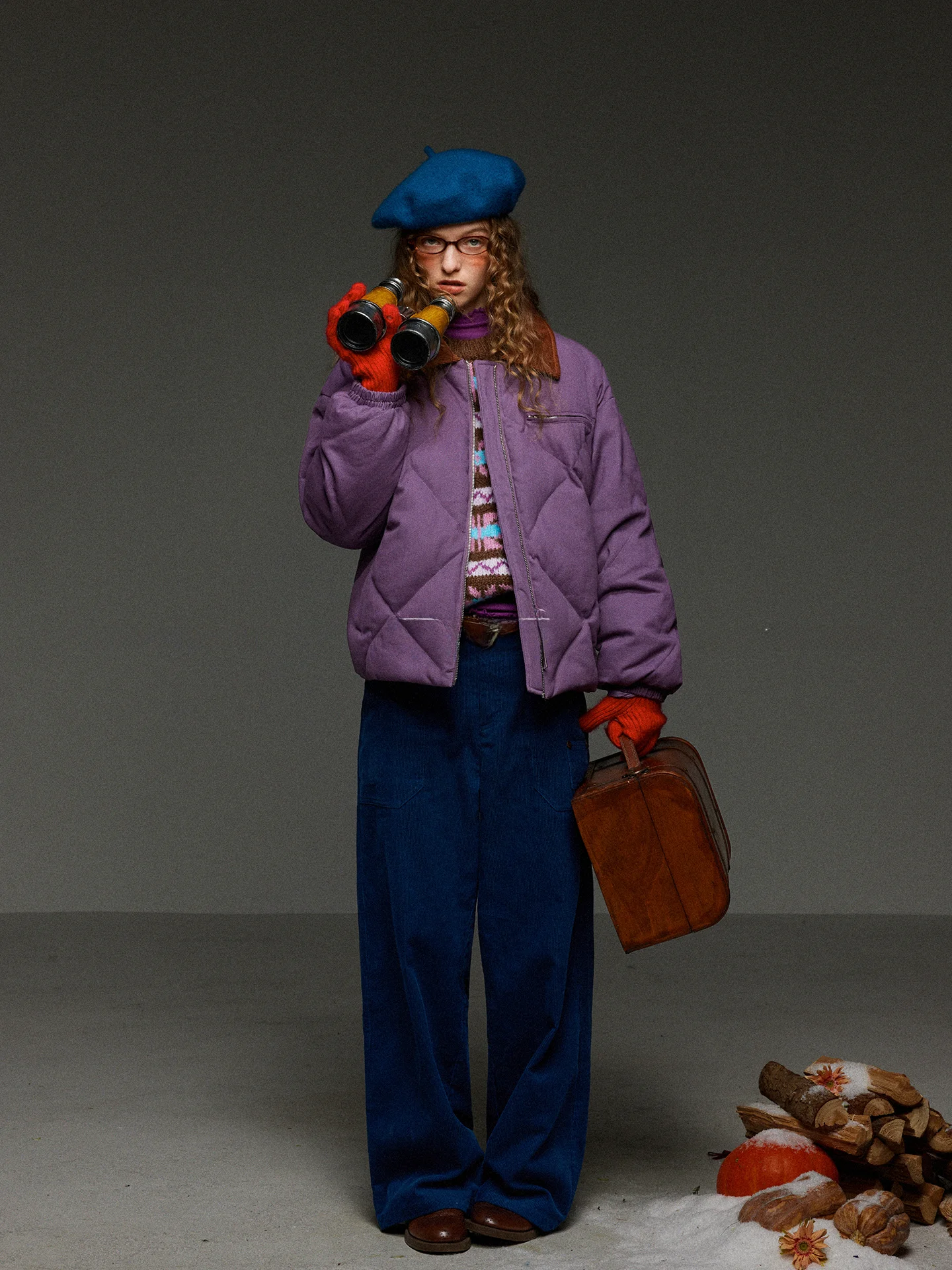 

TNIT Retro Patchwork Corduroy Collar White Du down Jaet Women's Loose Casual Workwear Coat Thiened Long Sve Zipper