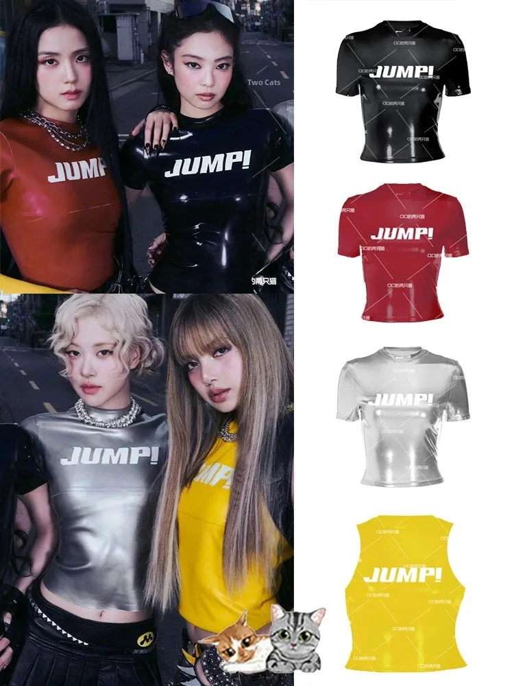 

Jisoo Shiny Tight Top Sexy Half High Collar Short T for Women CICIZHUANG Brand Summer 2025 Collection