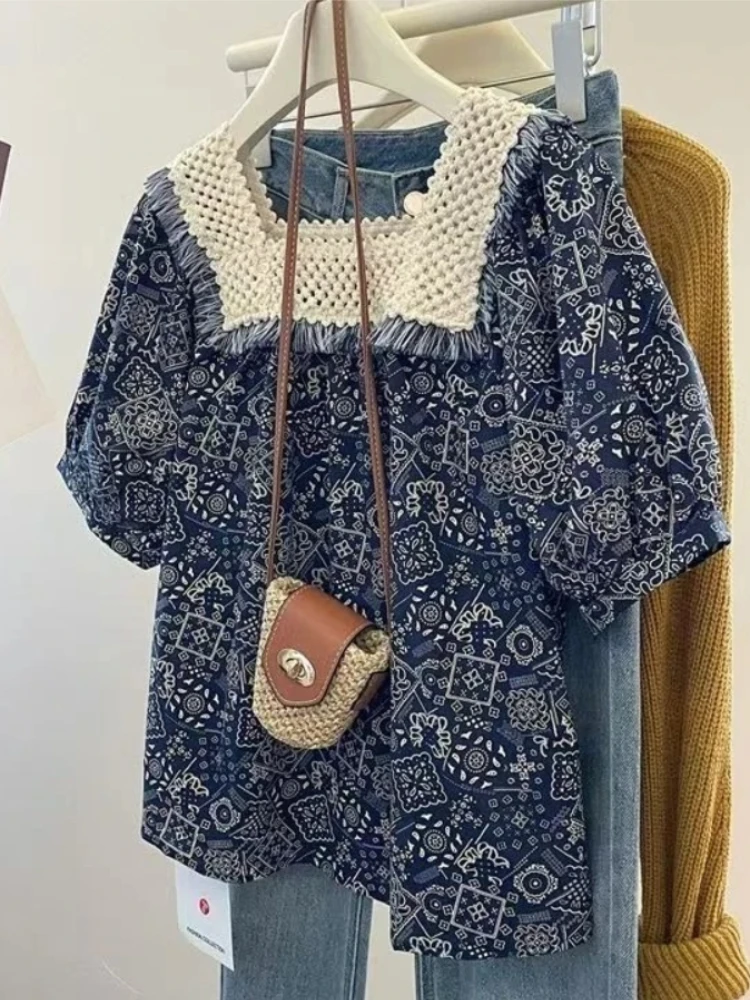 

Женская блузка с квадратным вырезом и коротким рукавом, с кружевными вставками, в стиле пэчворк, летняя новинка 2026 года, корейский винтажный кукольный цветочный принт