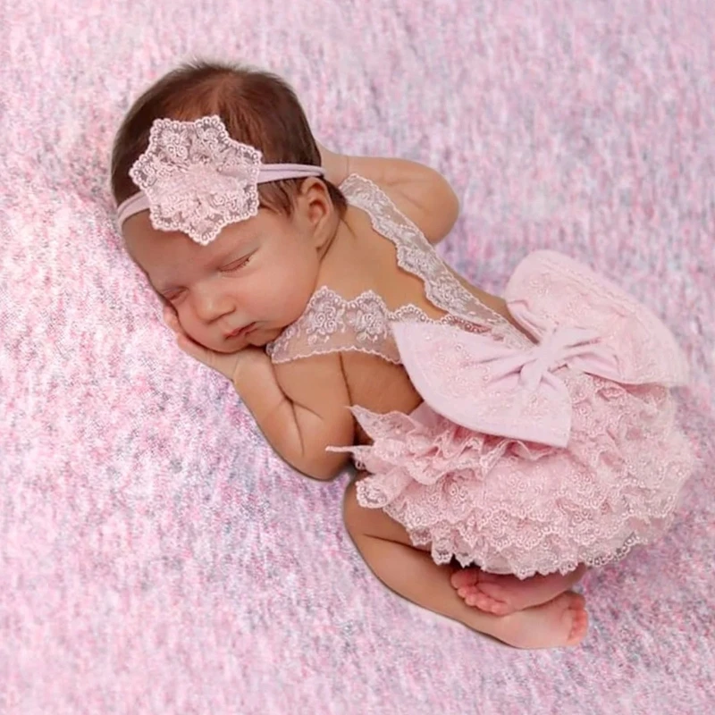 

Baby Girls Photography Outfit Lace Romper Hairband Set Safe Fabric Easy Dress Polyester Newborns Photoshoot 24BE