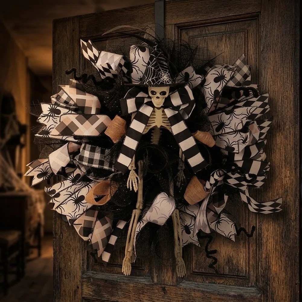 Halloween Door Hanging Ornament Featuring Witch Hat and Skull Mesh Design for Indoor Outdoor Spooky Seasonal Decoration