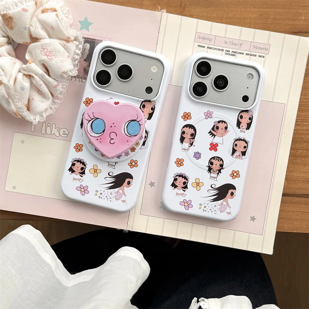 

Kawaii Little Flower Cartoon Girl Magnetic Phone Case with Magsafe Lovely Stand for iPhone 17 Pro Max 15 Pro 16 Max 17 Cover