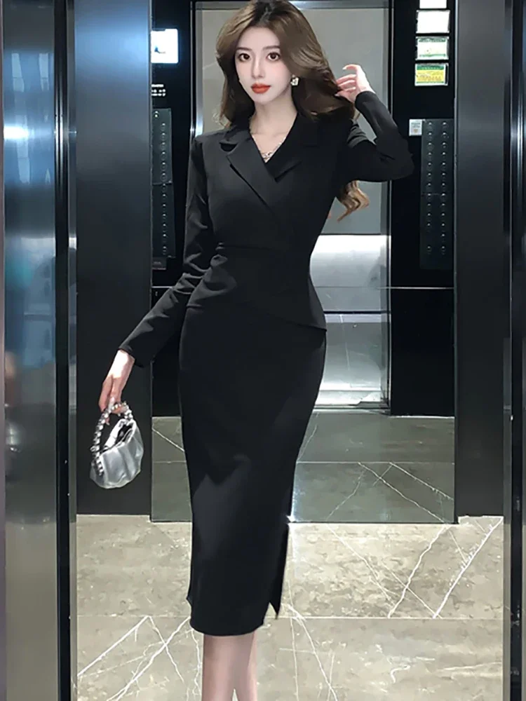 2024 Black Long Sleeve Bodycon Office Lady Dress Autumn Winter Solid Patchowrk Fake Two Piece Dress Korean Elegant Women's Dress