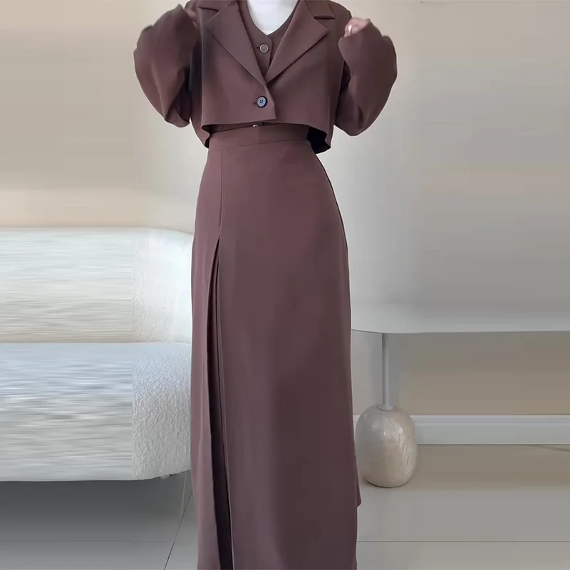

2025 New Fashion Women's Red Brown Solid Color Casual Trendy Sets Long Sleeve Suit Blazers Sleeveless Vests Ankle Length Skirt