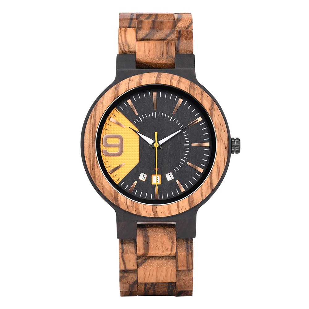 Natural Zebra Wood Quartz Watch Smooth Body Luminous Pointers Calendar Minimalist Wristwatch