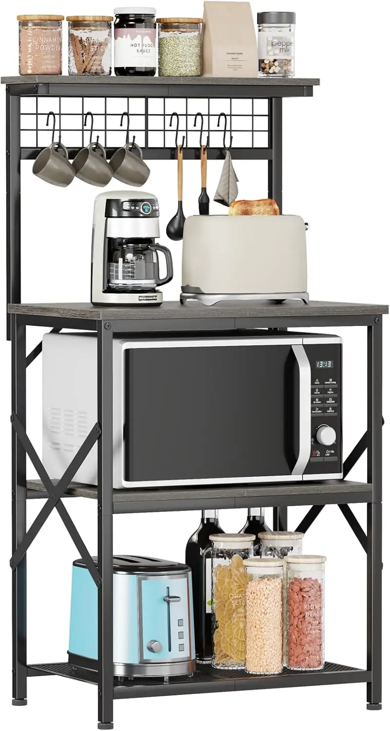 

Kitchen Bakers Rack, 4-Tier Microwave Stand with Storage, Black Oak Coffee Bar Station with 6 S Hooks and Pegboard