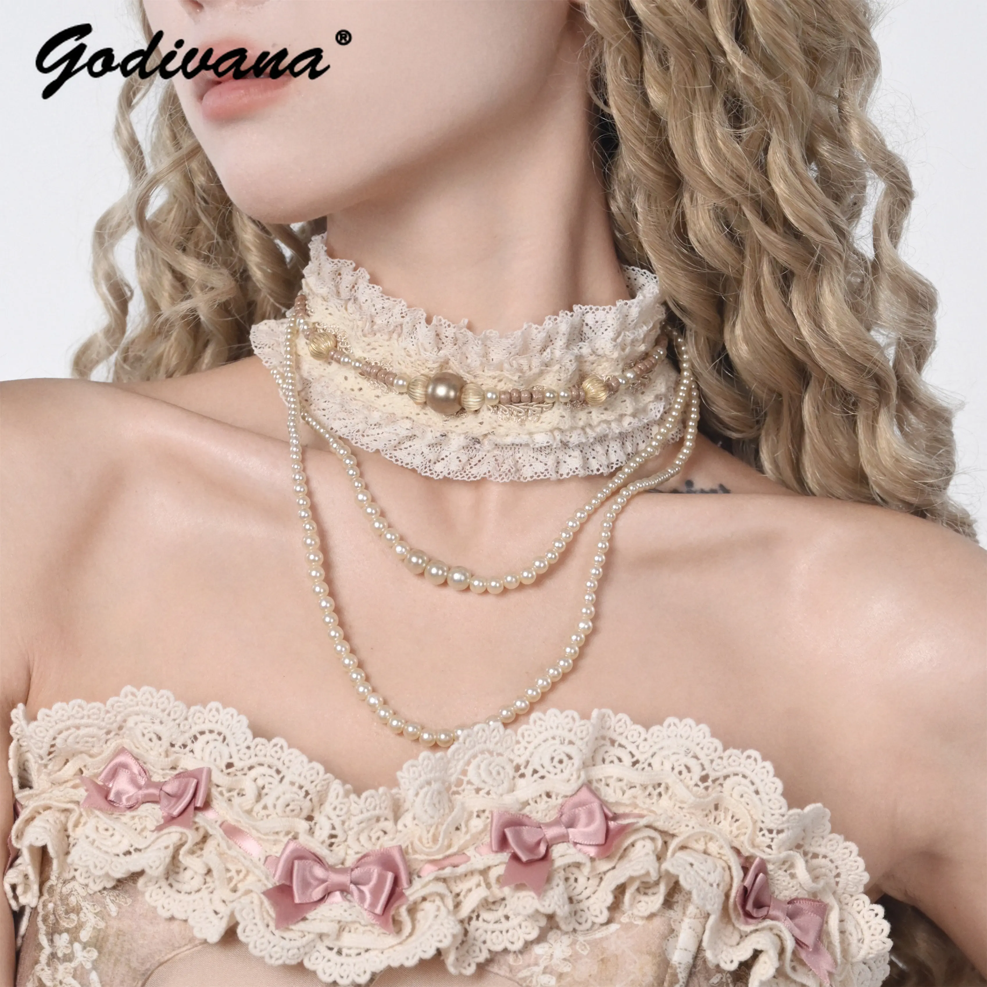 Vintage European Layered Choker Necklace Sweet Lace Beaded Neck Collar Handmade Neck Jewelry for Cosplay Party Lolita Accessory