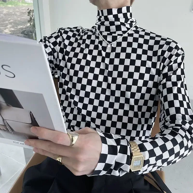 

High Collar T Shirt for Man Plaid Men's Clothing Aesthetic It Turtleneck Casual Harajuku Pullover Fashion Regular Fit Cotton Top