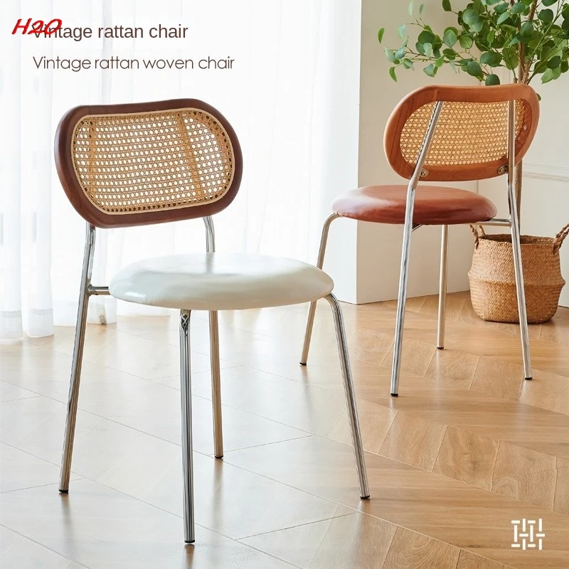 H2O House Furniture Solid Wood Dining Chairs Designer's Home Vintage Rattan Chairs Retro Chairs Casual Restaurant Backrests