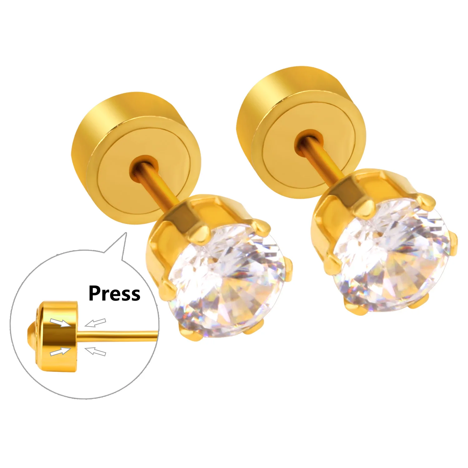 Wholesale 6 Pairs Gold Stainless Steel Press Back Cubic Zircon Stud Earrings Tiny Round CZ Piercing Bulk Jewelry Set