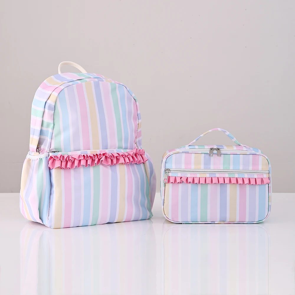 Rainbow Striped Backpack Light Colored Schoolbag With Adjustable Shoulder Straps And Pink Pleated Lace Design Fashion