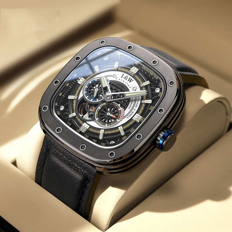 I&W ผู้ชายนาฬิกาอัตโนมัติสแควร์หรูหรานาฬิกานาฬิกาข้อมือแฟชั่น Sapphire Luminous Skeleton 50M กันน้ํา Punk