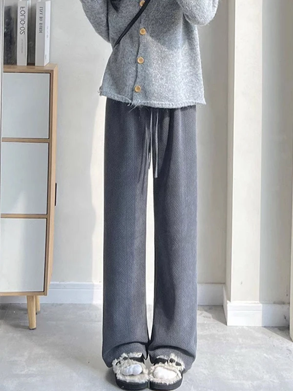 Winter Nieuwe Damesbroek met hoge taille, wijde pijpen, voering, rechte snit, gebreide broek, chino, geschikt voor woon-werkverkeer, warm