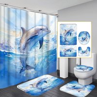4-piece set of dolphin pattern bathroom decoration, shower curtain, non-slip floor mat, toilet lid mat, U-shaped mat
