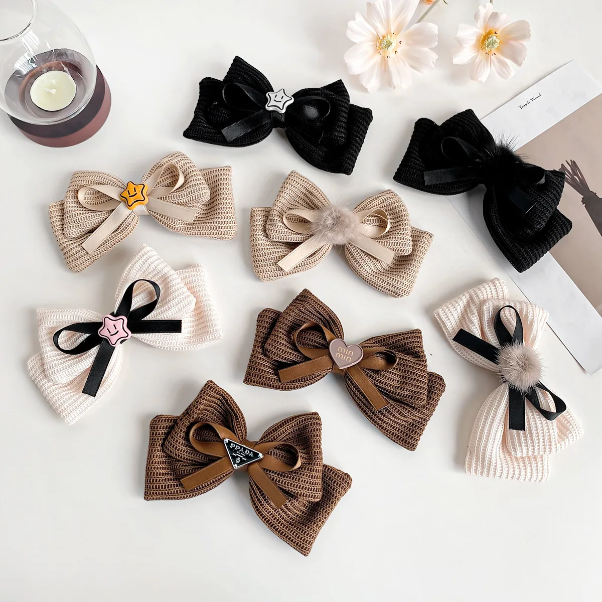 High-end small fragrant hairpin female French retro bow top clip side hairpin wool knitted hair accessories headdress