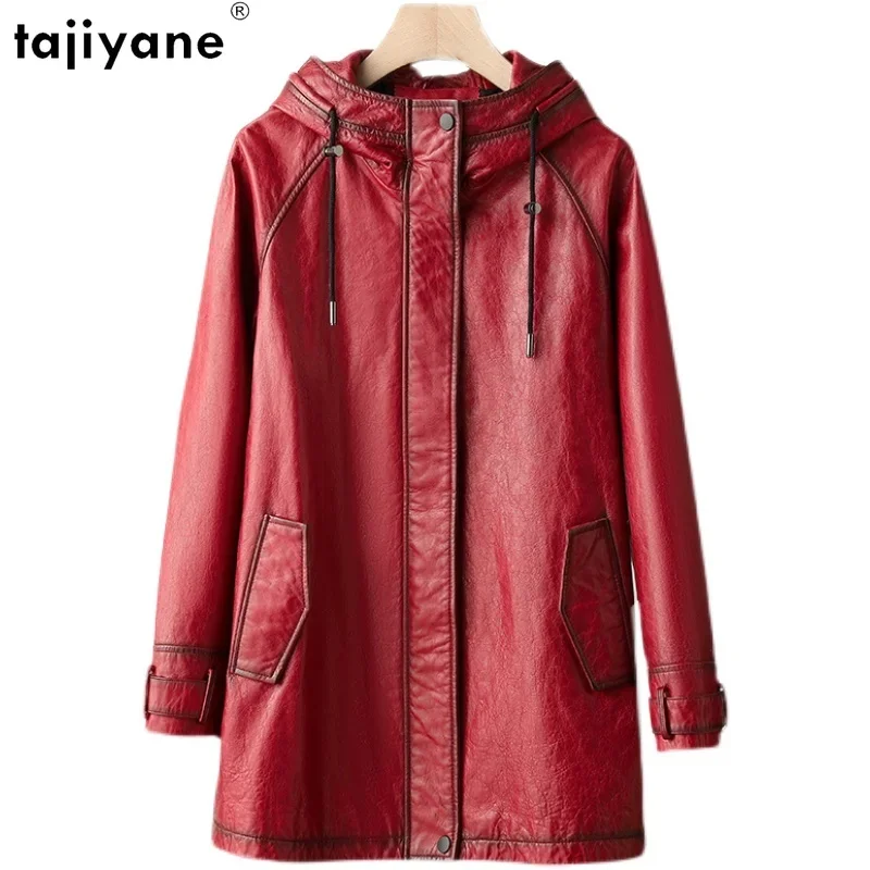 Tajiyane 100% Real Leather Jacket Women Autumn Winter Hooded Vintage Genuine Sheepskin Coat Mid-length Fashion Jaqueta Feminina