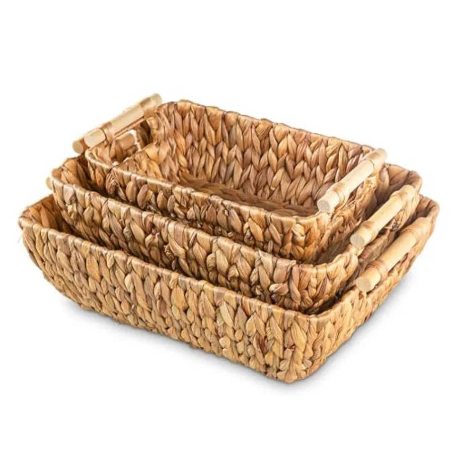 

Woven Stora askets t of 3 andwoven Water yacint Wicker askets wit Wooden andles for Orgazing Decorative askets for Laundry Room