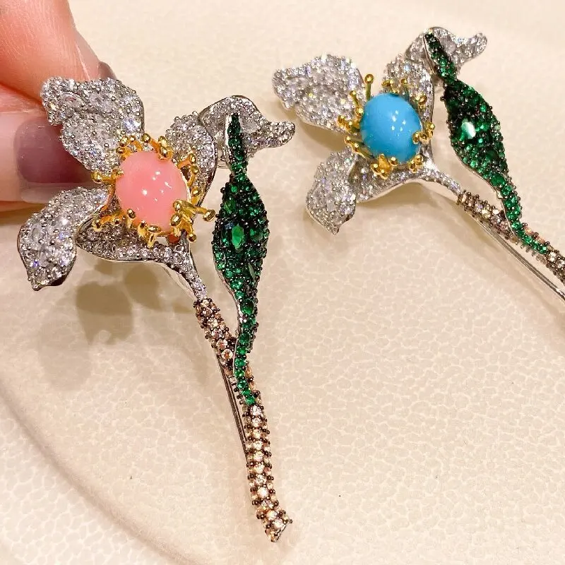 

925 Sterling Silver Luxury Design Zirconia Flower Brooches With Blue Turquoise for Women's Pins Accessories Decor