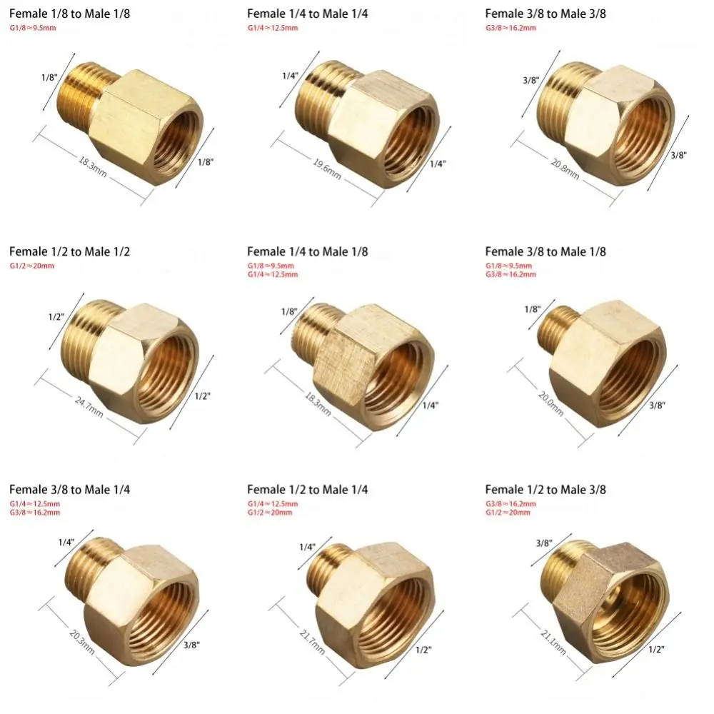 1 Stuks Reducer Pijpfitting 1/8 1/4 3/8 1/2 3/4 Vrouwelijke Naar Mannelijke Schroefdraad Hex Bus Connectoren Messing Koppeling Connector