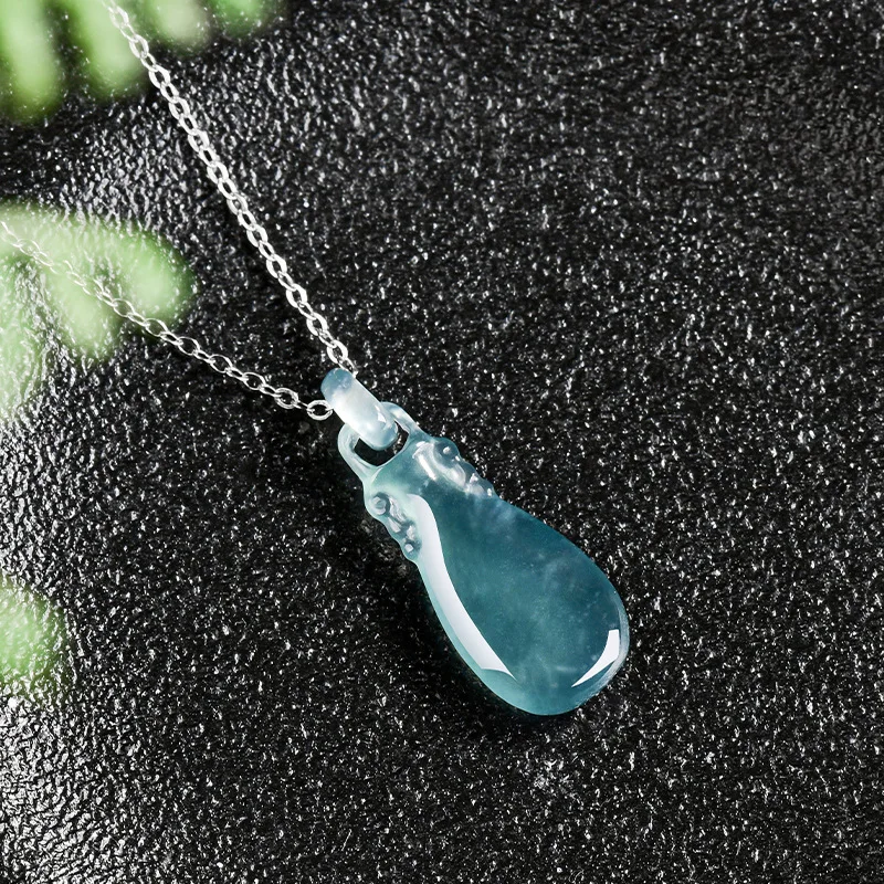 Natural A-grade Jadeite Blue Water Small Vase With Movable Button Lock Ice Jade Pendant Fashionable Women's Jewelry Drop Ship