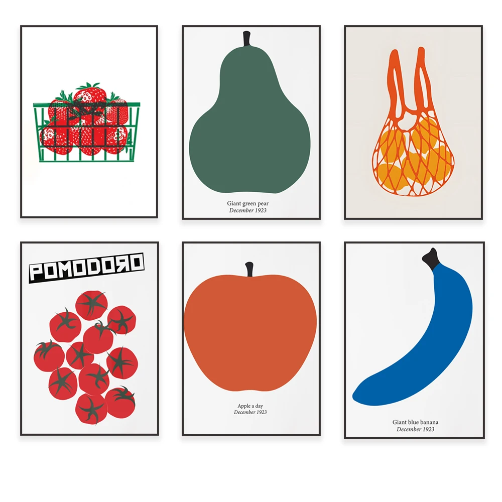 Fruit print, banana, strawberry, green pear, apple, lemon in bag illustration, tomato poster, retro medieval style, kitchen art