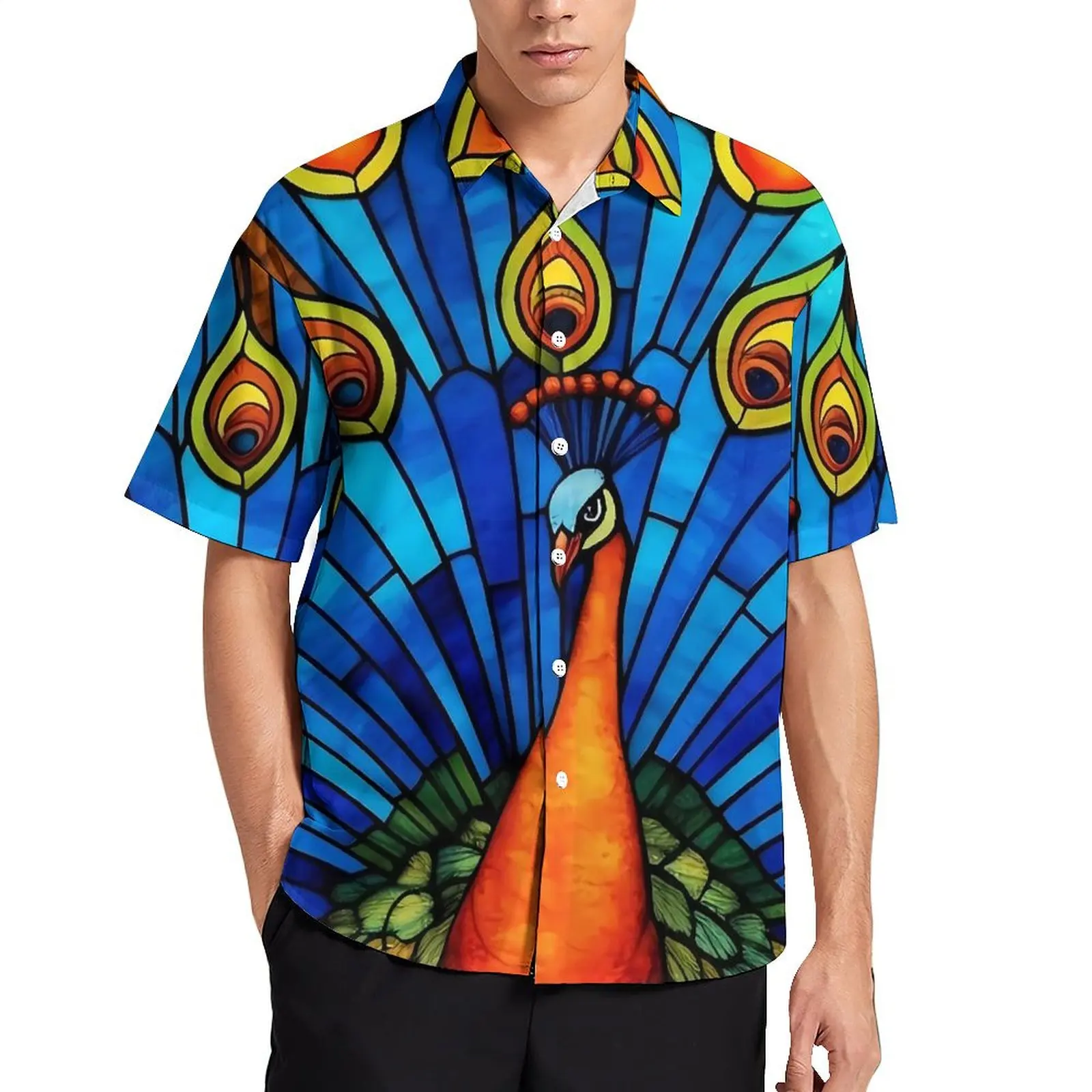 

Peacock Painting Hawaiian Shirt For Male Vacation Stained Glass Casual Shirts Short-Sleeve Y2K Fashion Vintage Plus Size Blouses