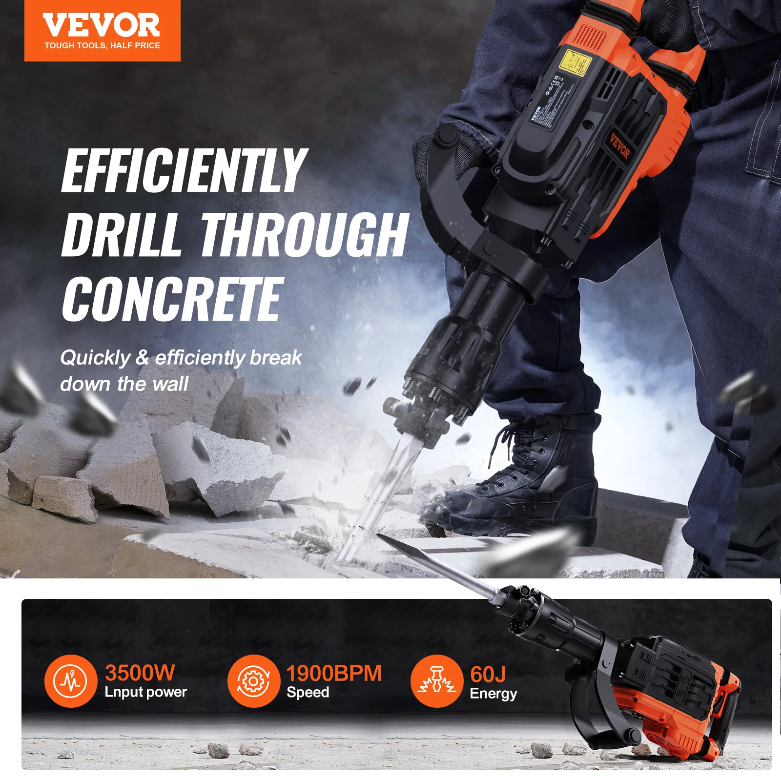 VEVOR Demolition Jack Hammer 3500W Concrete Breaker 2pcs Chisel w/ Gloves for Trenching 1900 BPM Heavy Duty Electric Jack Hammer