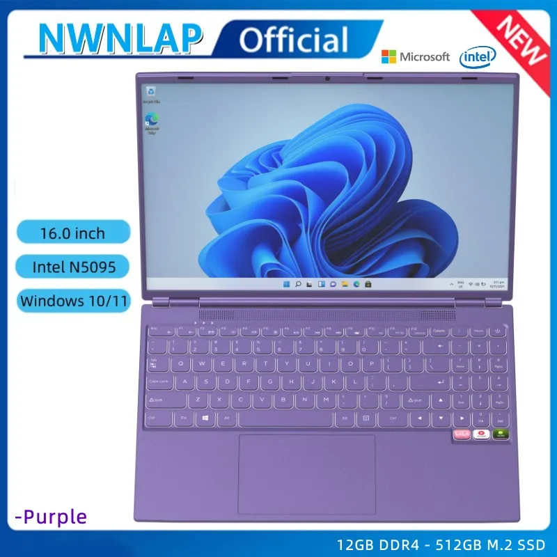 Laptop roxo com Windows 10 e 11 Escritório, Educação Gaming Notebook, 16.0 em, 12th Intel, N95, 16G RAM, 512G SSD, Touch ID, Lado Estreito