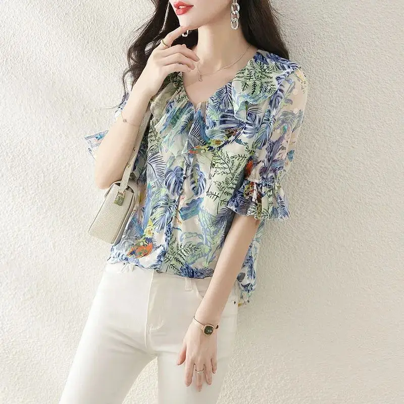 Women Ruffle Floral Print Sweet Chic Blouses 2023 Summer Korean Fashion V Neck Short Sleeve Shirt Female Simple Casual Thin Tops