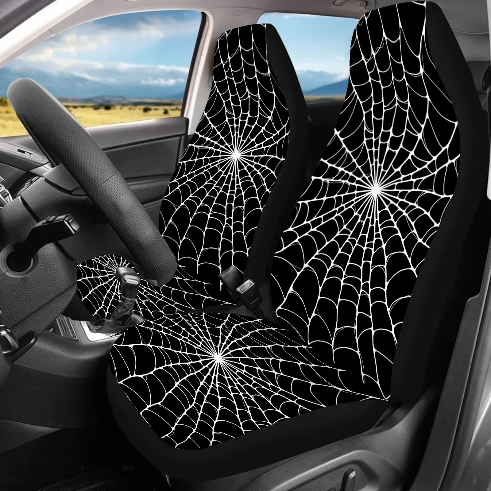 

2pcs Spider Web Print Car Seat Covers - Black & White, Non-Woven Fabric, Universal Fit For Sedans, SUVs, Trucks - Perfect Gift F