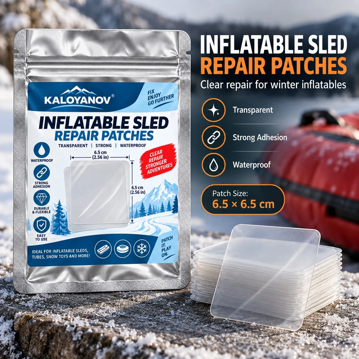 KALOYANOV Inflatable Sled Snow Tube Repair Patches Waterproof Clear Heavy Duty Adhesive Puncture Tape for Winter Inflatables