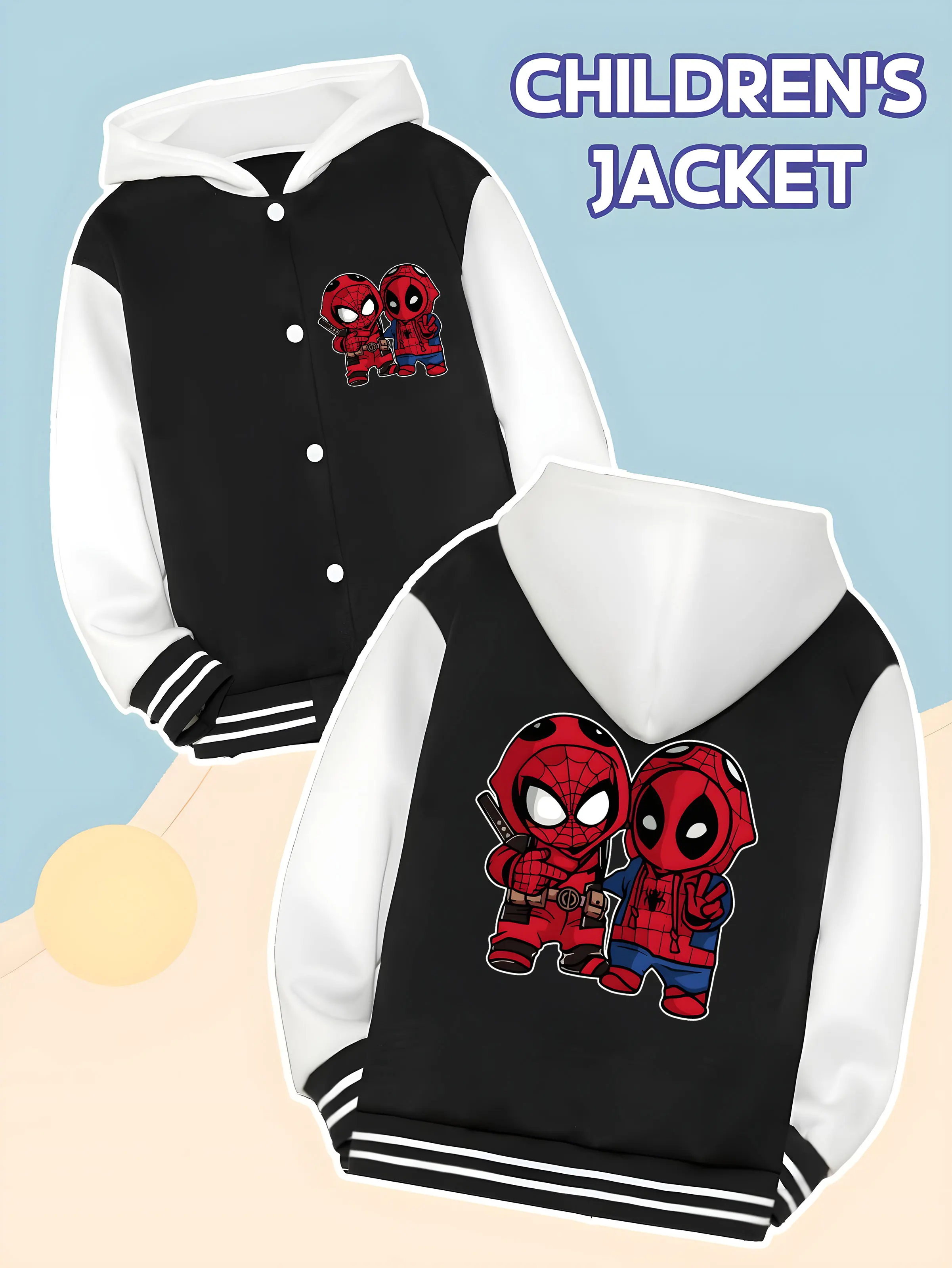 

MINISO Marvel Spider-Man Deadpool Kids Baseball Jacket for Boys - Spider-Man and Deadpool Chibi prints, double-sided cute style,