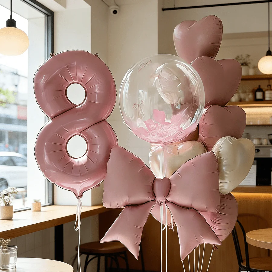18-teiliges Rosa Geburtstagsparty-Set, 32-Zoll-Zahlen- und 0-9-Folienballons, Transparente, Matte Rosa Schleifen, Macaron- und Creme-Herzballons Deko