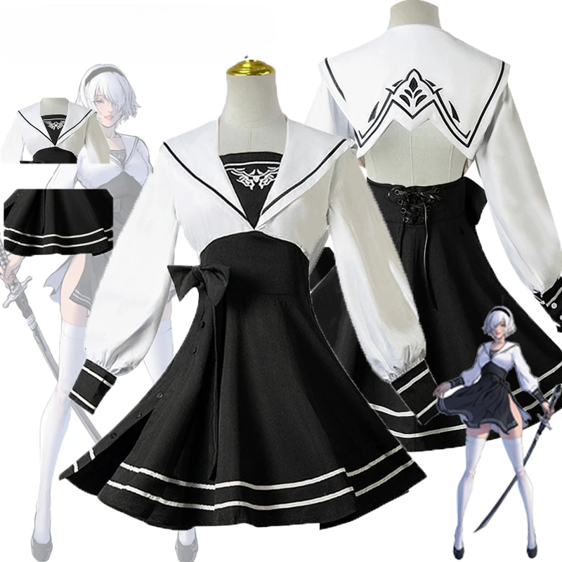 

Game Nier Automata Yorha 2B Cosplay Costume School Uniform Suit Dress Full Set for Girls Halloween Role Play Party Suit Outfits