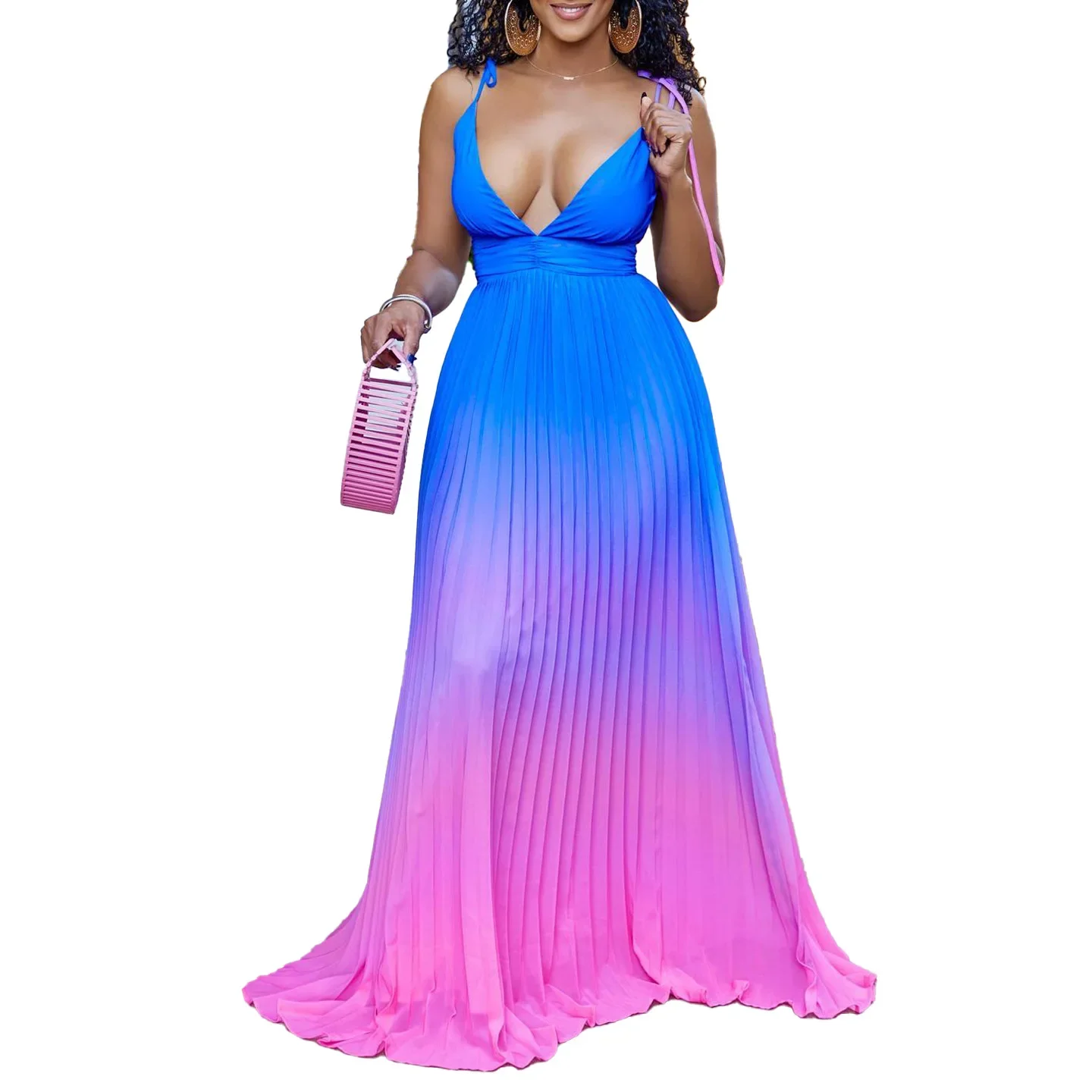 

2024 Summer Sexy African Women Sleeveles V-neck Spaghetti Strap Blue Orange Polyester Long Dress African Dresses for Women