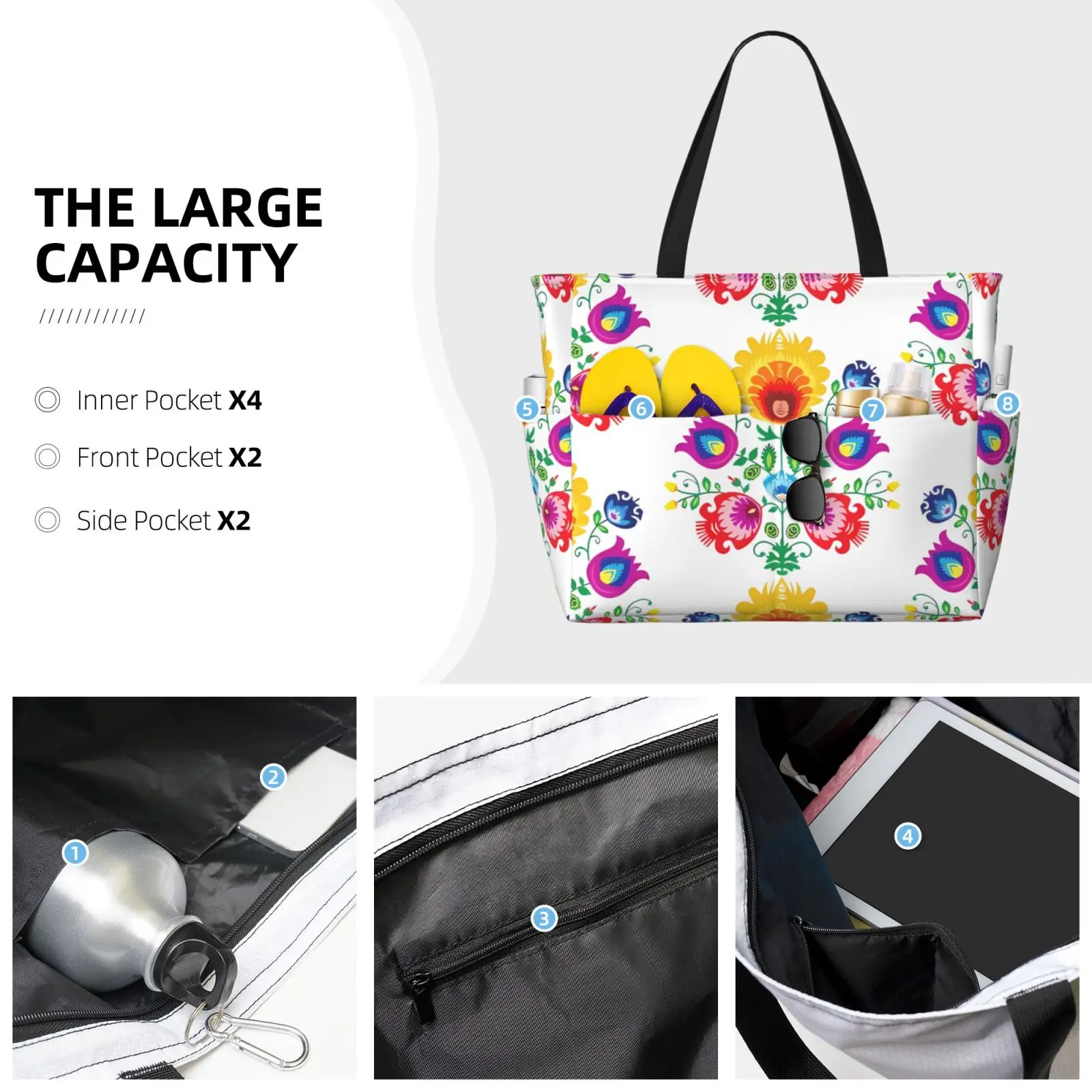 Bright Folk Boho Floral Beach Bag Sandproof Beach Tote Pool Bags for Women Compatible with Cup Foldable for Weekender Travel