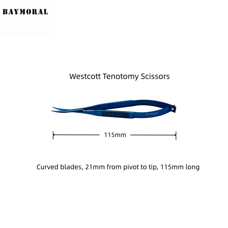 Oogheelkundige instrumenten Westcott Tenotomy Schaar titanium Gebogen messen, 21 mm van draaipunt tot punt, 115 mm lang