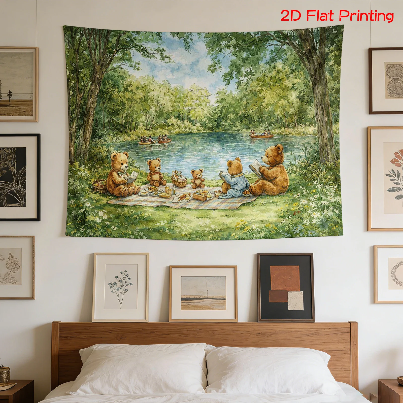 Whimsical Bear Family Woodland Nature Scene Tapestry Watercolor Print Rustic Forest Pond Art Home Decor Camping Wall Hanging Gif