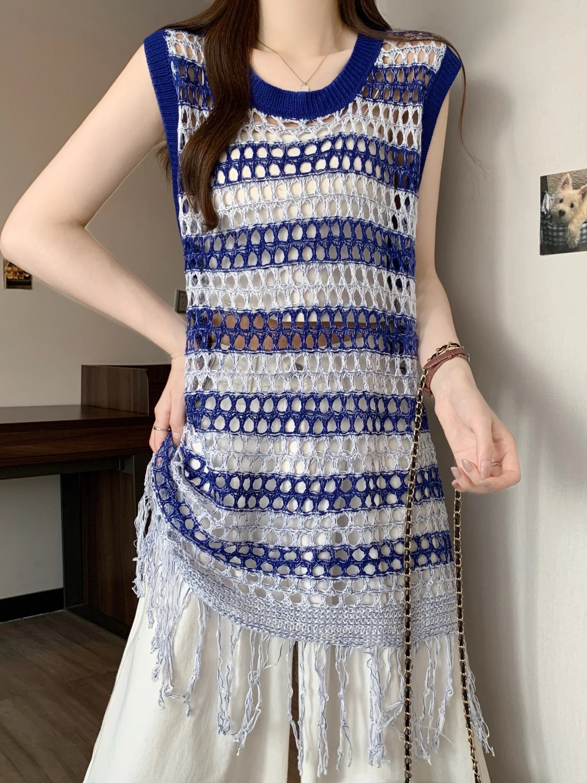 Women's Knitted Ice Silk Vest Cover up Hollow out Design Summer New Style plus Size Slimming Tassel Detail Top Layering