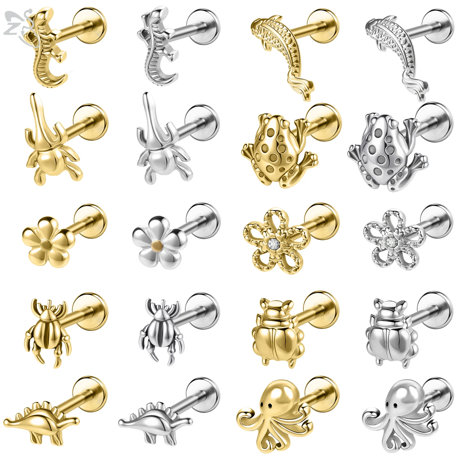 ZS 1PC 16G/18G 316L Stainless Steel Lip Ring Toad Beetle Shape Labret Piercing Silver Color Ear Stud 6mm/8mm Cartilage Earring