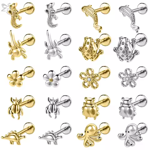 ZS 1PC 16G/18G 316L Stainless Steel Lip Ring Toad Beetle Shape Labret Piercing Silver Color Ear Stud 6mm/8mm Cartilage Earring