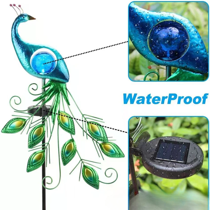 Solar Peacock Iron Art Lamp LED Peacock Iron Art Ground Insertion Garden Lamp Blue Glass Ball Light Source