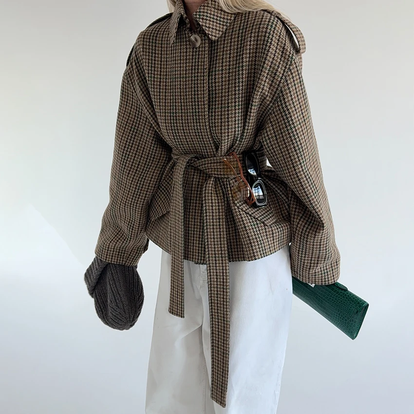 

Linad винтажное клетчатое пальто на шнуровке для женщин, уличные шикарные куртки с отложным воротником, осень 2024, элегантная верхняя одежда с карманами и длинными рукавами