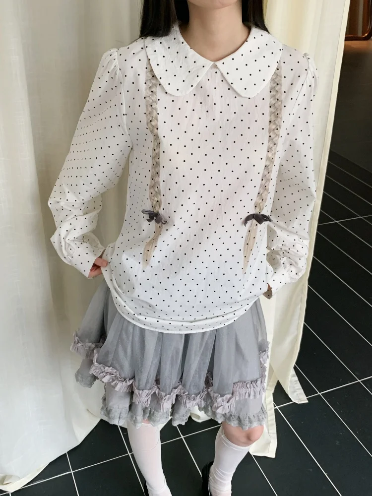 2026 Spring Korean Design Braided Polka Dot T-shirt Women's Long-sleeve Peter Pan Collar Puffed Sleeves Shirt Sweet Casual Top