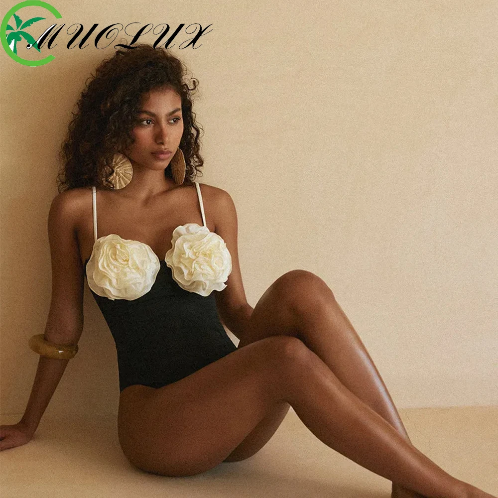 MUOLUX-bañador de una pieza para mujer, traje de baño Sexy con flores 3D, Bikini Blanco sólido, Tanga de corte alto, traje de baño brasileño para Halloween 2024