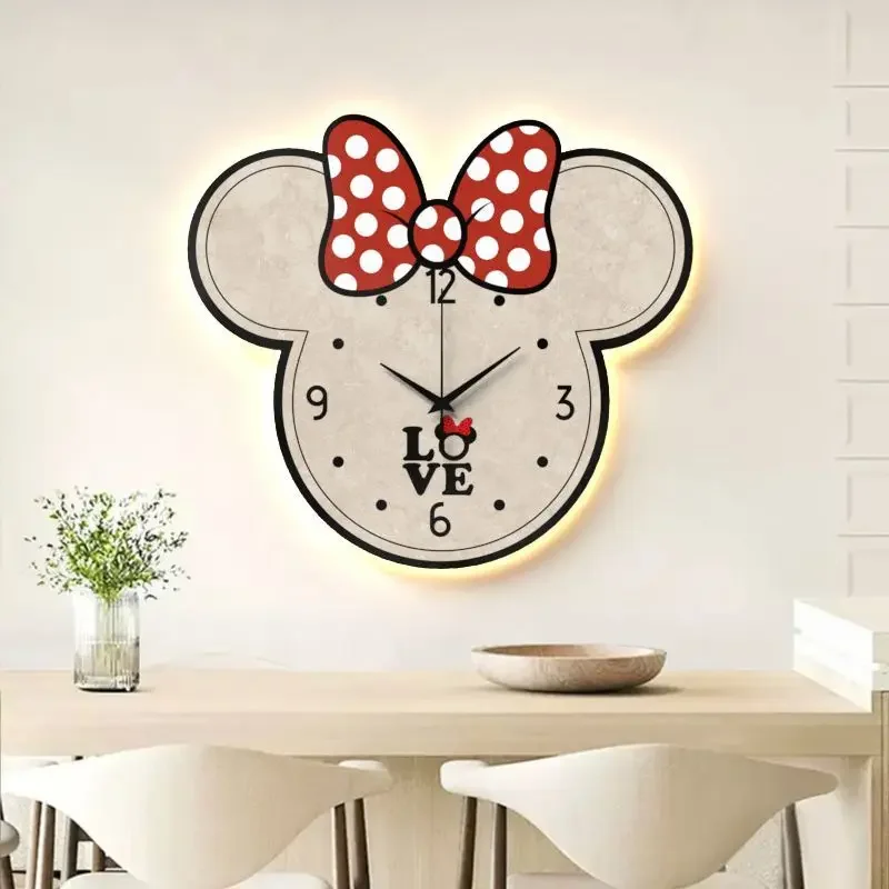 Reloj de pared silencioso con luz LED para decoración del hogar, reloj de pared con diseño de dibujos animados de Disney, Mickey, simple y moderno para sala de estar y comedor