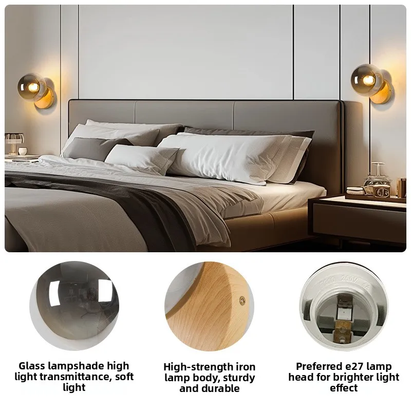 2026 New Walnut Wood Tone Wall Lamp Natural Marble Glass Wall Sconce Reading Light for Villa Corridor Bedroom Bedside